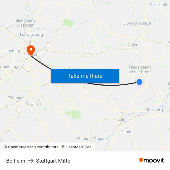 Bolheim to Stuttgart-Mitte map
