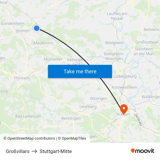 Großvillars to Stuttgart-Mitte map