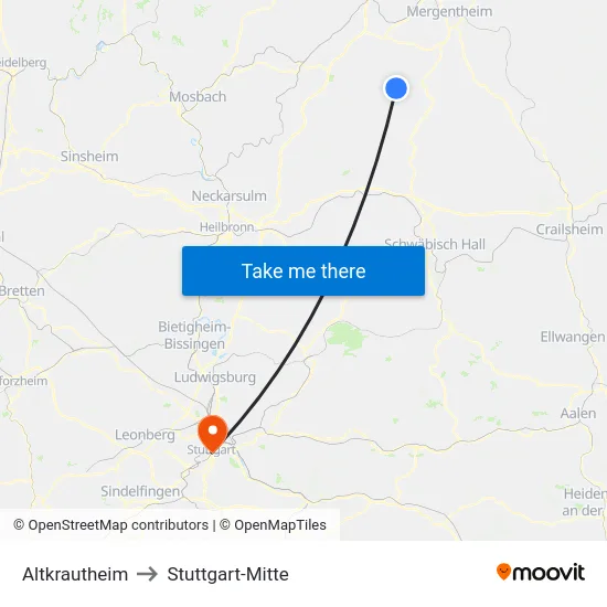 Altkrautheim to Stuttgart-Mitte map