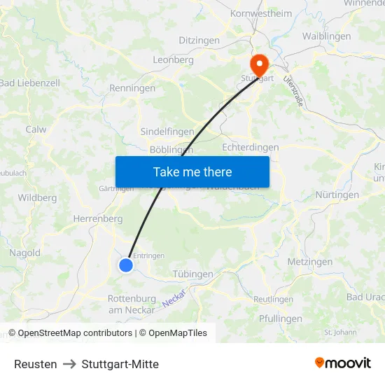 Reusten to Stuttgart-Mitte map