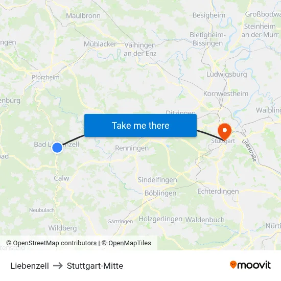 Liebenzell to Stuttgart-Mitte map