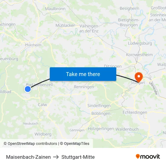 Maisenbach-Zainen to Stuttgart-Mitte map