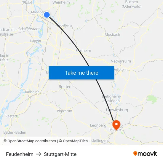Feudenheim to Stuttgart-Mitte map
