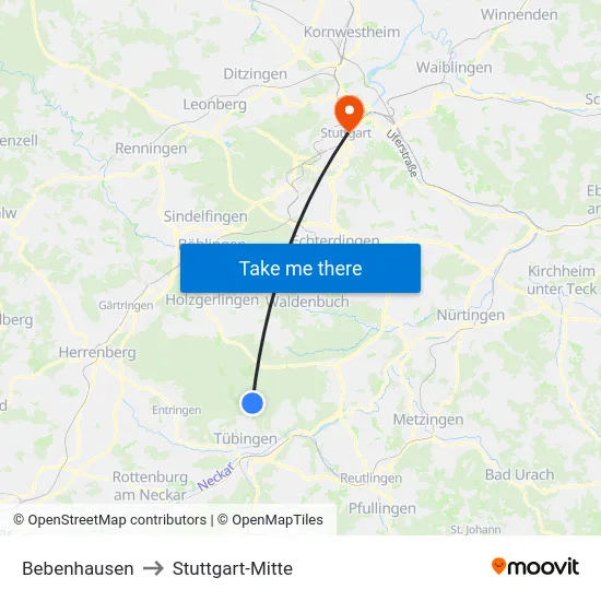 Bebenhausen to Stuttgart-Mitte map