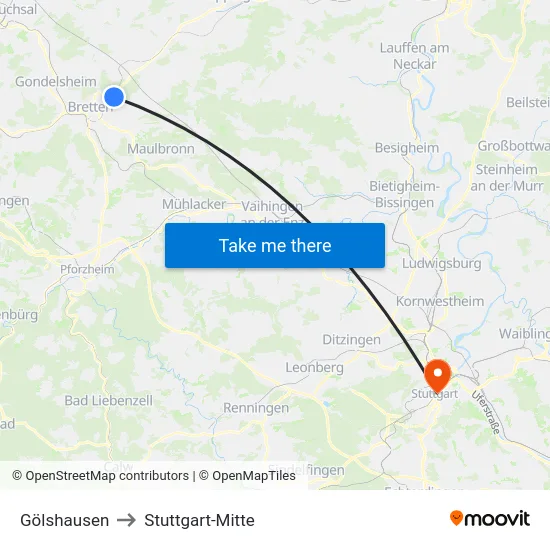 Gölshausen to Stuttgart-Mitte map