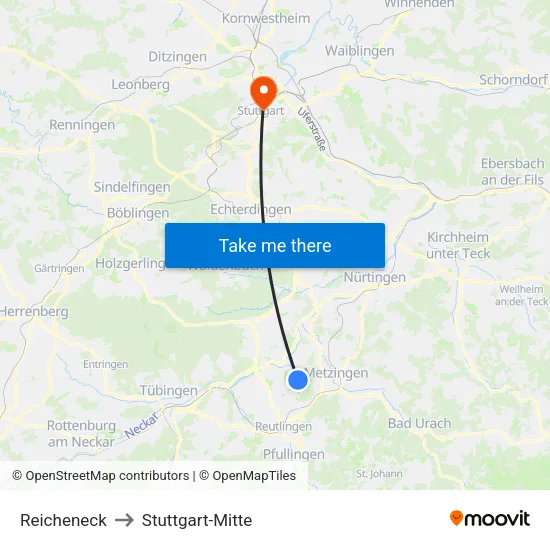Reicheneck to Stuttgart-Mitte map