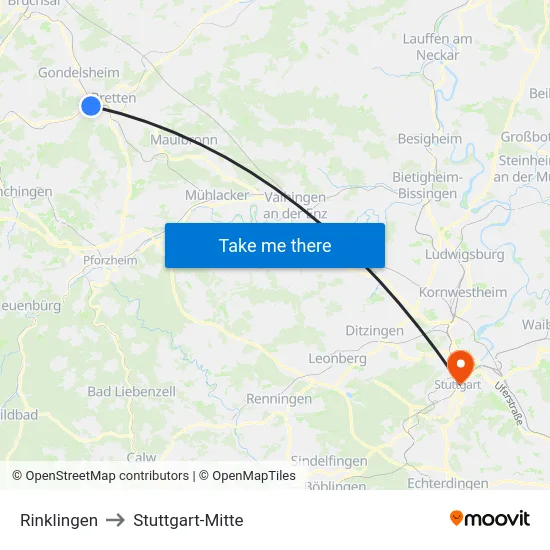 Rinklingen to Stuttgart-Mitte map