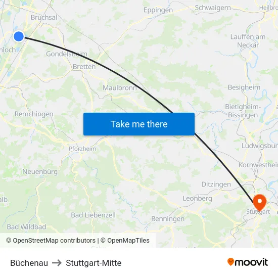 Büchenau to Stuttgart-Mitte map