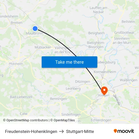 Freudenstein-Hohenklingen to Stuttgart-Mitte map