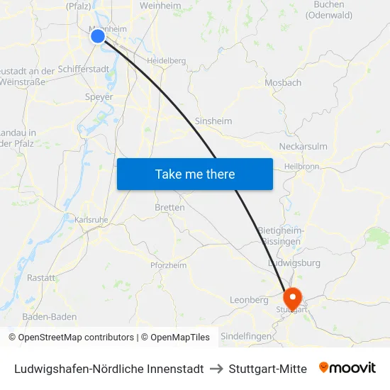 Ludwigshafen-Nördliche Innenstadt to Stuttgart-Mitte map