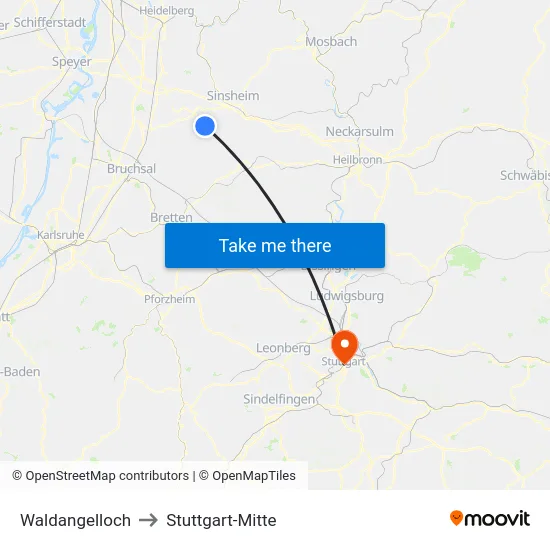 Waldangelloch to Stuttgart-Mitte map