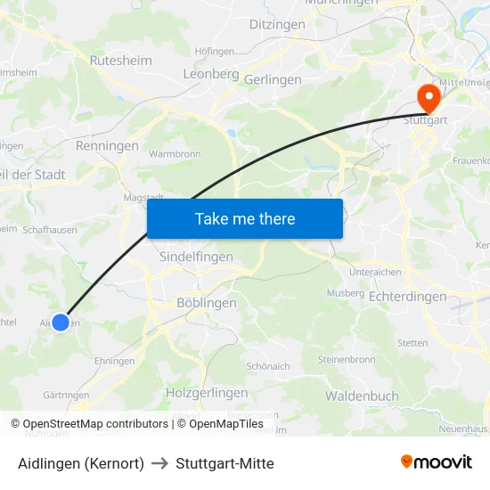Aidlingen (Kernort) to Stuttgart-Mitte map