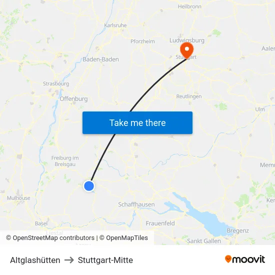 Altglashütten to Stuttgart-Mitte map