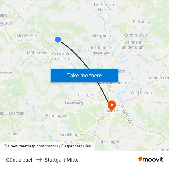 Gündelbach to Stuttgart-Mitte map
