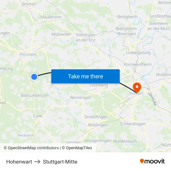 Hohenwart to Stuttgart-Mitte map