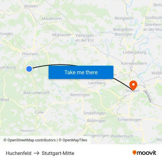 Huchenfeld to Stuttgart-Mitte map