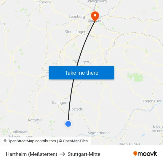 Hartheim (Meßstetten) to Stuttgart-Mitte map