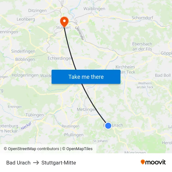 Bad Urach to Stuttgart-Mitte map