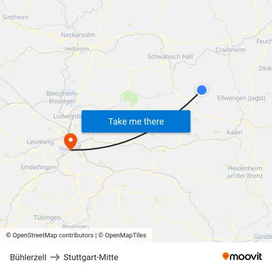 Bühlerzell to Stuttgart-Mitte map