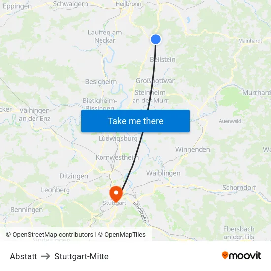 Abstatt to Stuttgart-Mitte map
