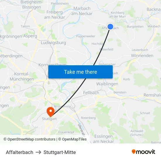 Affalterbach to Stuttgart-Mitte map