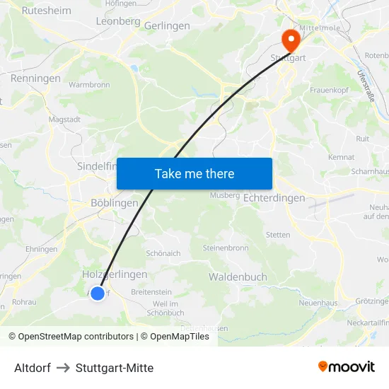Altdorf to Stuttgart-Mitte map