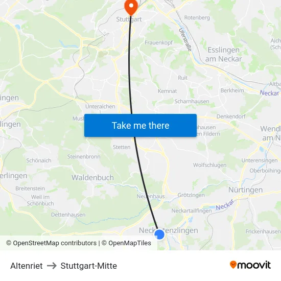 Altenriet to Stuttgart-Mitte map