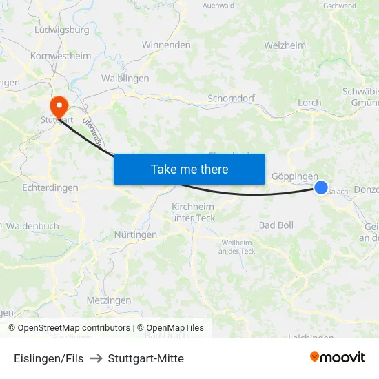 Eislingen/Fils to Stuttgart-Mitte map
