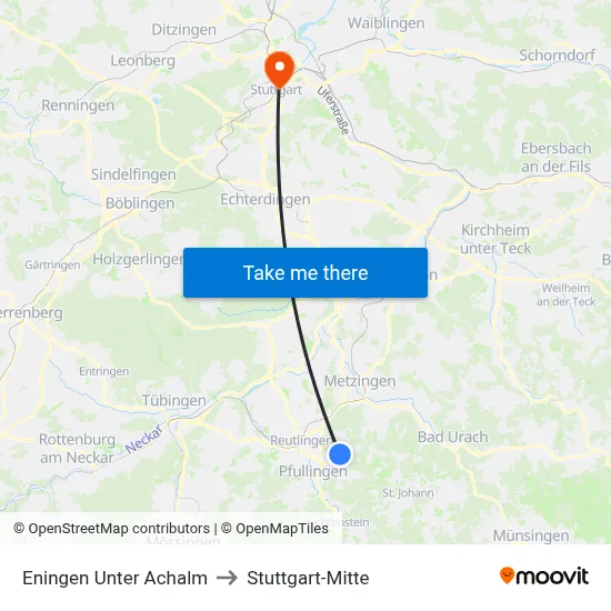 Eningen Unter Achalm to Stuttgart-Mitte map