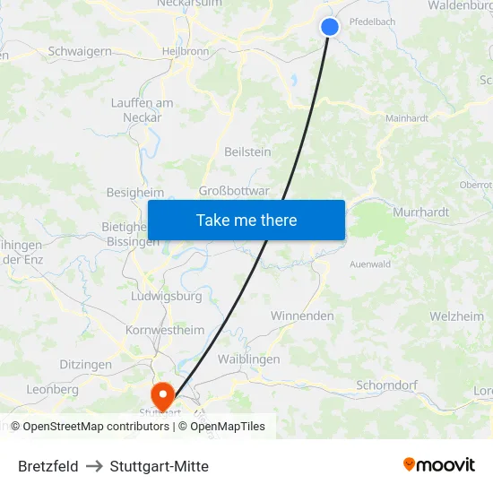 Bretzfeld to Stuttgart-Mitte map
