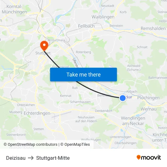 Deizisau to Stuttgart-Mitte map