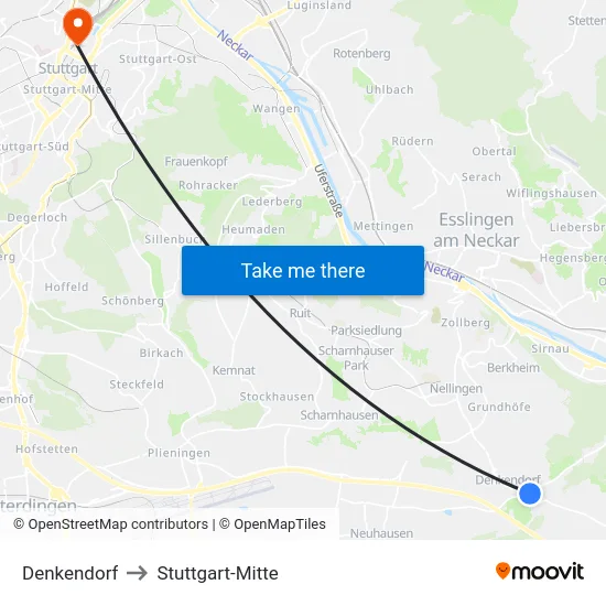 Denkendorf to Stuttgart-Mitte map