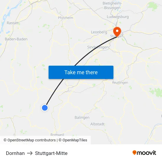 Dornhan to Stuttgart-Mitte map