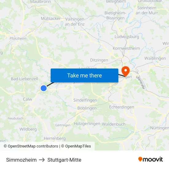 Simmozheim to Stuttgart-Mitte map