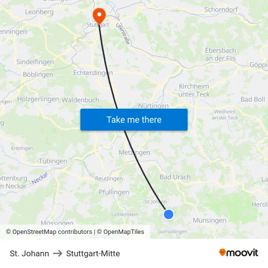 St. Johann to Stuttgart-Mitte map