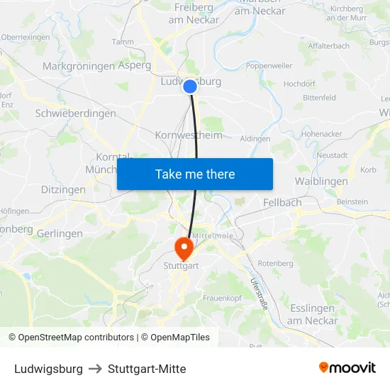 Ludwigsburg to Stuttgart-Mitte map