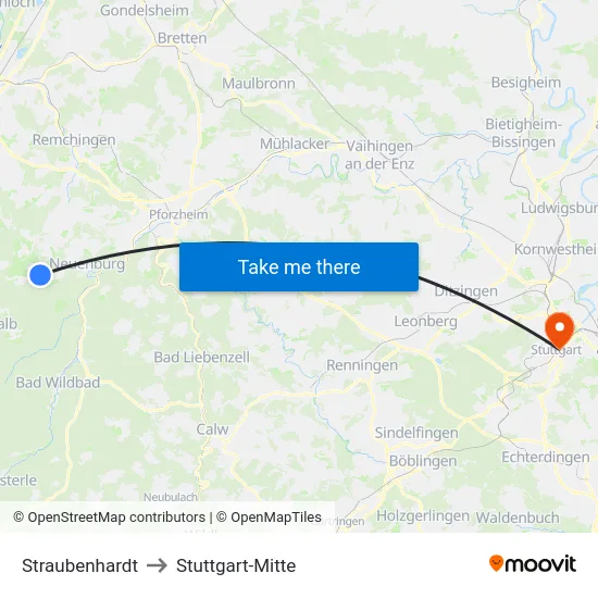 Straubenhardt to Stuttgart-Mitte map