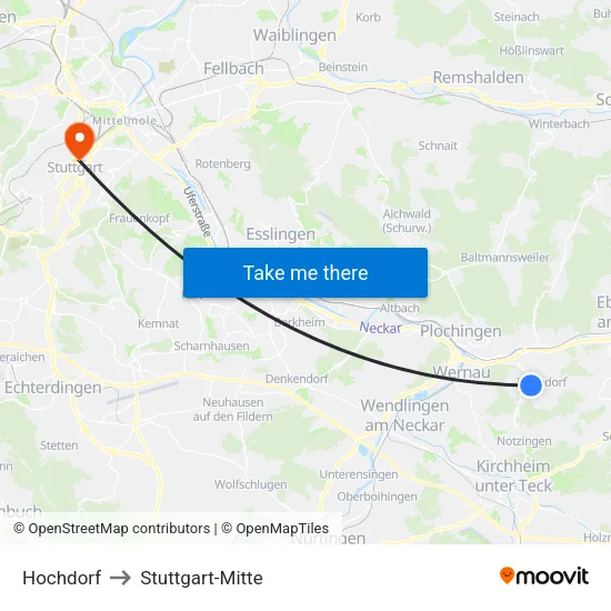 Hochdorf to Stuttgart-Mitte map
