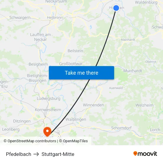 Pfedelbach to Stuttgart-Mitte map