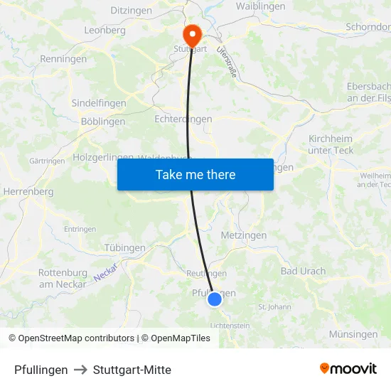 Pfullingen to Stuttgart-Mitte map