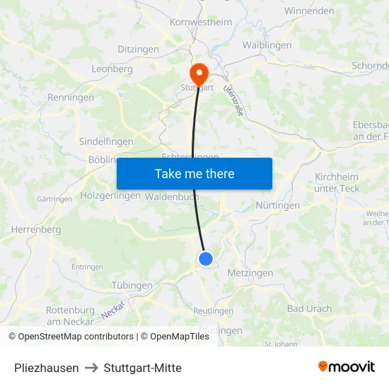 Pliezhausen to Stuttgart-Mitte map