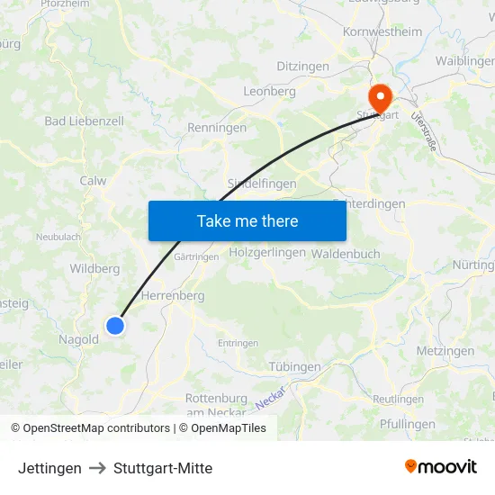 Jettingen to Stuttgart-Mitte map