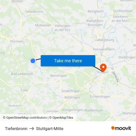 Tiefenbronn to Stuttgart-Mitte map