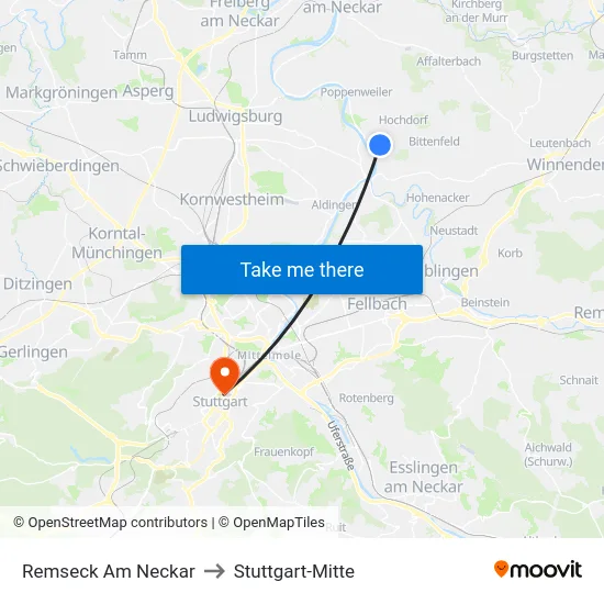 Remseck Am Neckar to Stuttgart-Mitte map