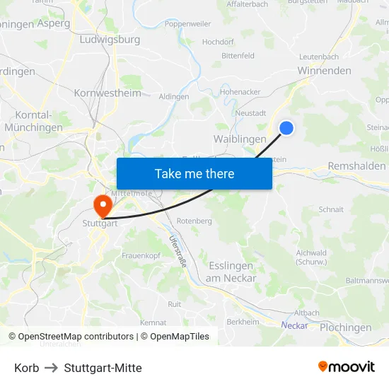 Korb to Stuttgart-Mitte map