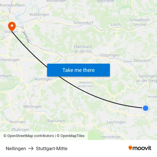 Nellingen to Stuttgart-Mitte map
