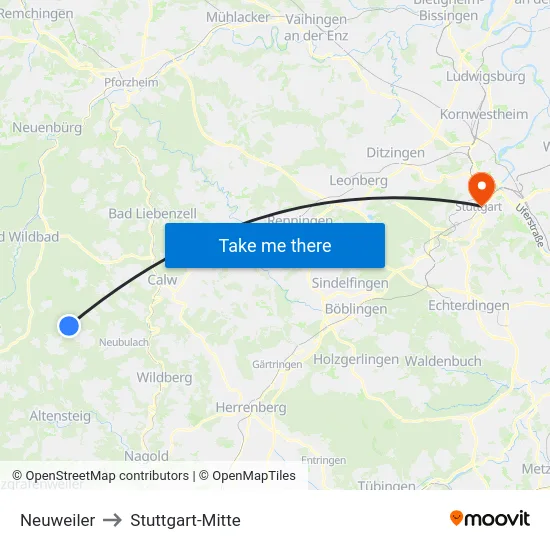 Neuweiler to Stuttgart-Mitte map