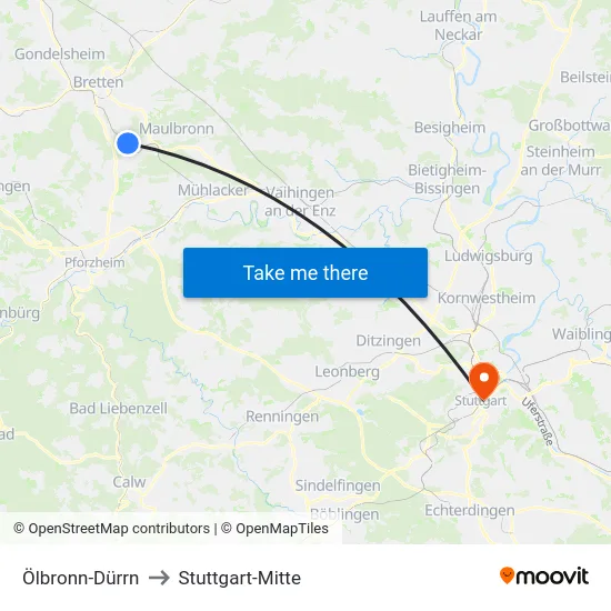 Ölbronn-Dürrn to Stuttgart-Mitte map