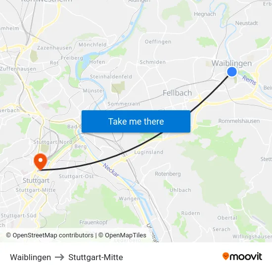 Waiblingen to Stuttgart-Mitte map