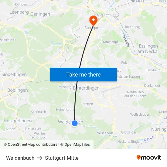 Waldenbuch to Stuttgart-Mitte map